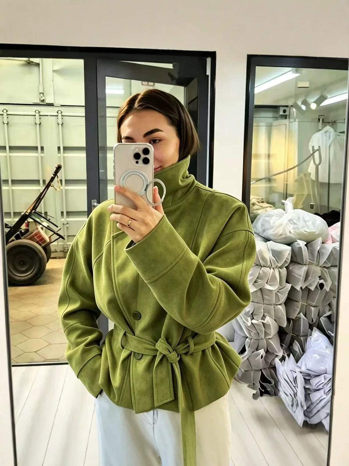 European American Style Short Faux Suede Trench Coat, Casual And Versatile Jacket With Ties, Women's Outerwear MAKOUFEI