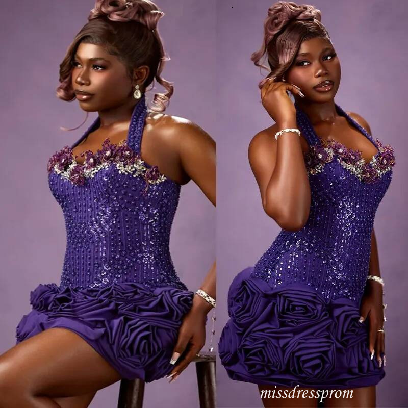 Plus Size Purple Cocktail For Women Illusion Mini Appliqued Pearls Tassel Pleated Beaded Lace Birthday Dress Short Prom Dresses C525