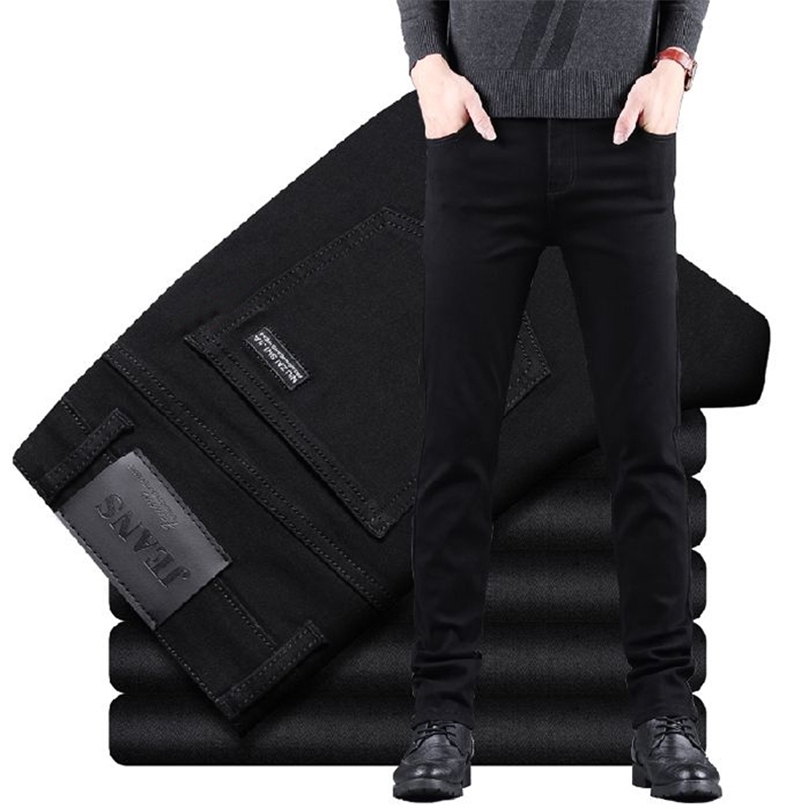Spring Autumn Mens Pure Black Slim Jeans Elastic Straight Pants Business Fashion Leisure Korean Vintage Denim Male 261019