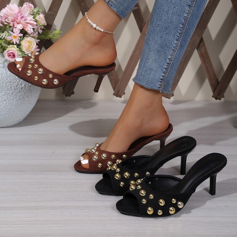 Women's Studded Open-Toe High Heels Sandals Thin Heel Slip-On Summer Sexy Elegant Dress Shoes dh1103803331