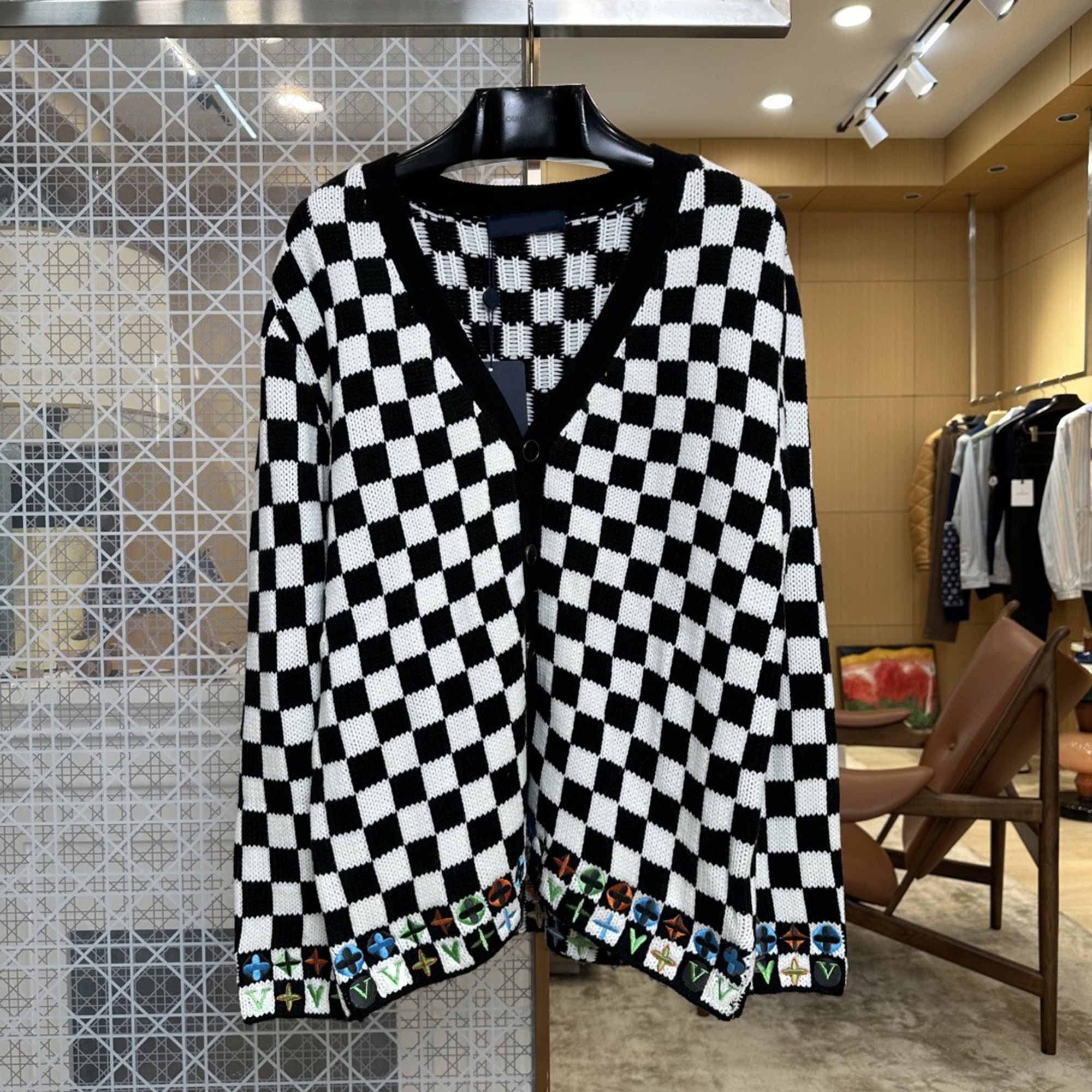 Men's women's autumn winter black white checkerboard patterned colorful floral embroidery knitted cardigan fashionable casual heavy indust
