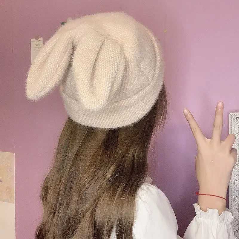 Beanie/Skull Caps Cute Rabbit Ears Women Hat Winter Warm Plus Velvet Japanese Style Kawaii Chenille Woolen Cap Female Knitted Hat Q261017