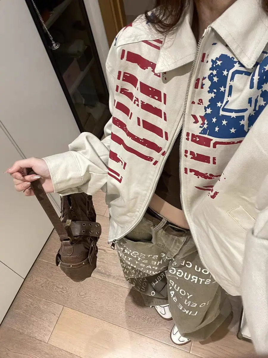 American retro niche zipper polo collar jacket women y2k cardigan autumn casual versatile baseball uniform couples street wear 261015
