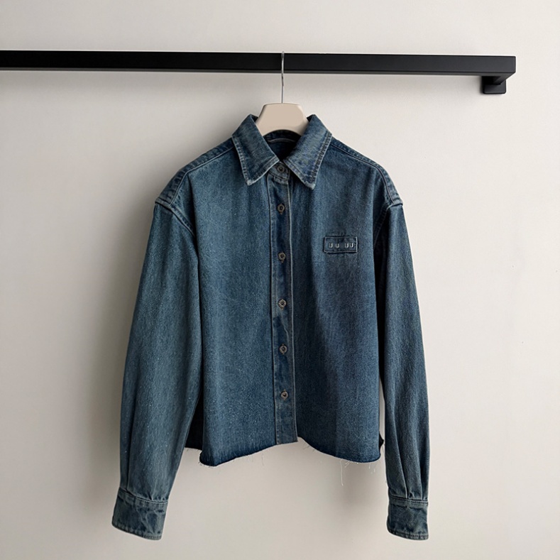 Designer Denim Shirt Jacket Women Lapel Cropped Deepblue Office Loose Blouses Autumn Vintage Street Daily Outfits Coats