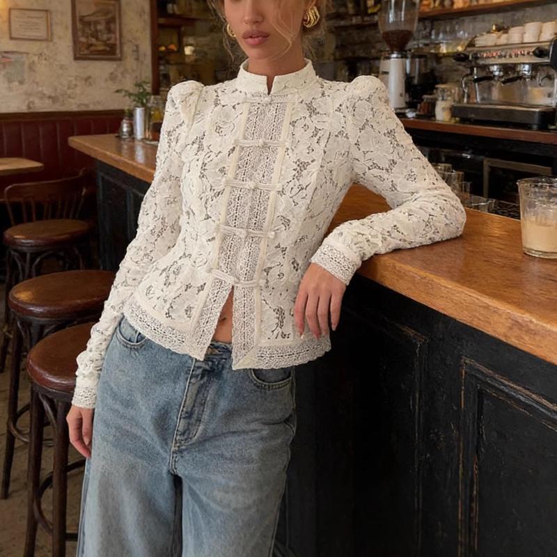 Women's Lace Crochet Stand Collar Slim Fit Shirt Puff Sleeve Elegant Office Blouse Spring Summer Commute Top