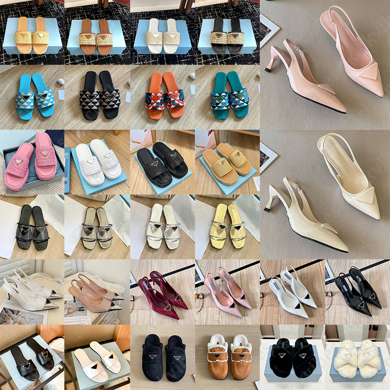 Hot Sale Designer Slippers Sandals Women Fashion White Black Pink Khaki lady fur Slides Summer Flat Mule Platform Flatform heel warm womens luxury D