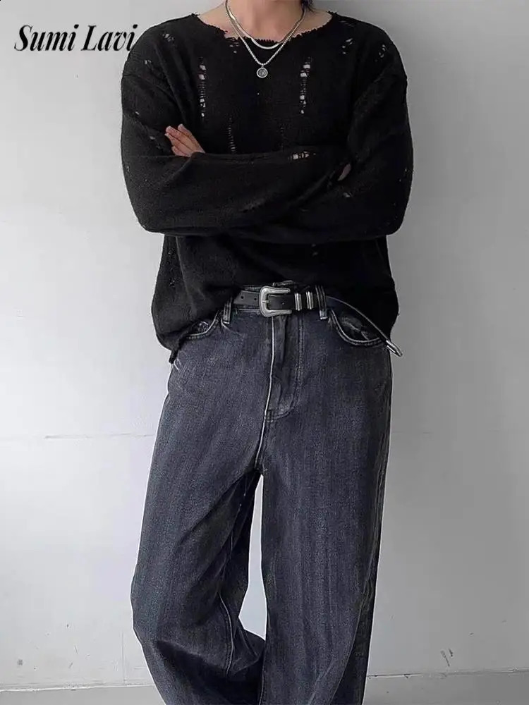Stylish Ripped Hollow Out Knit T Shirts Mens Long Sleeve Solid Color Jumper Tops Spring Autumn Y2K Men's Knitted Tee Shirts 261017