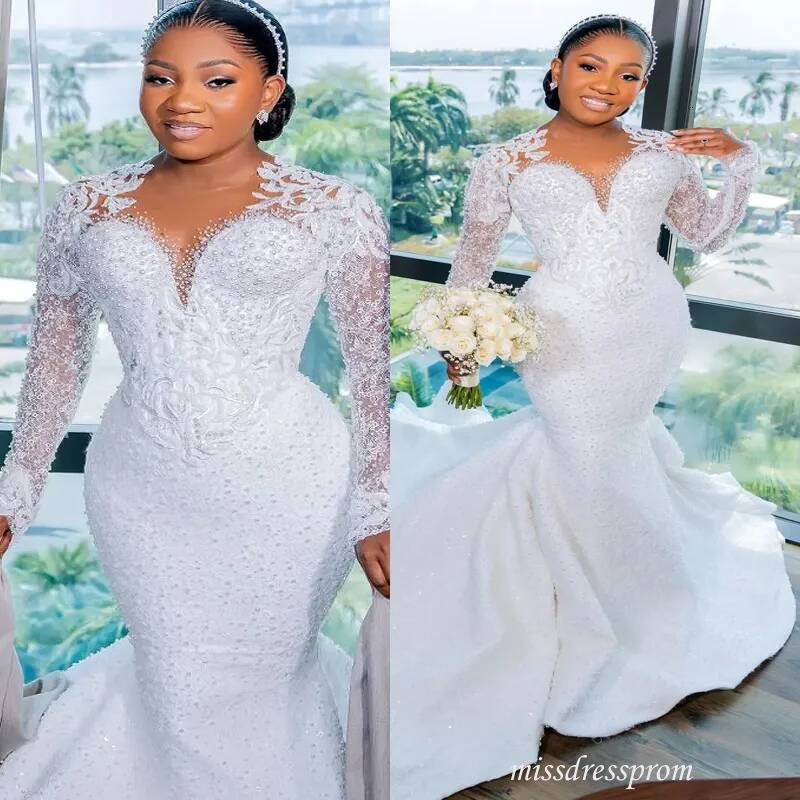 Plus Size Mermaid Dress Bridal Bride Illusion Sheer Neck Bead Pearls Rhinestones Decorated Ruffles Wedding Gowns For Marriage D818