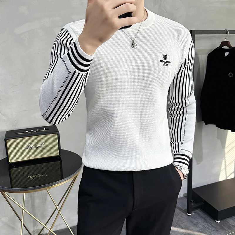 for Autumn Sweater Winter Knitted Men Stripe Stitching Long Slve Slim Casual Knitted Pullovers Round Neck Bottoming Shirt 2023 M261016