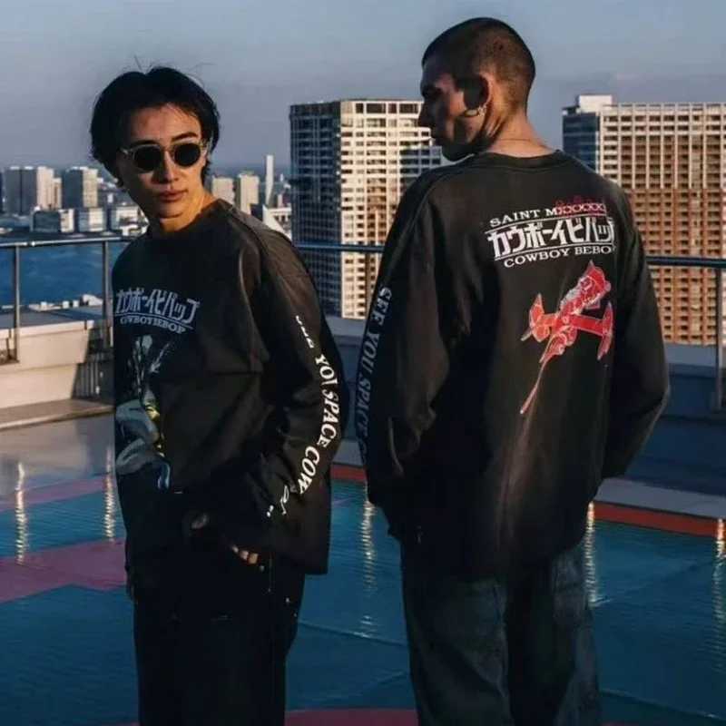 Men Women Oversized High Quality Long Sleeve T Shirt Vintage Lovers Washing High Street Casual Top Saint New Arrival T261019