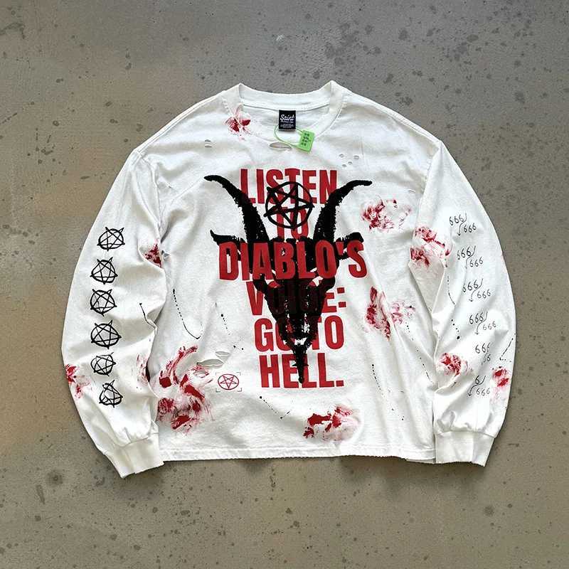 Men Women Hip Hop Vintage White Damaged Hole T-Shirt Splashing Ink Graffiti Graphics Print Saint Long Sleeves T Shirt Cotton Tag T261019