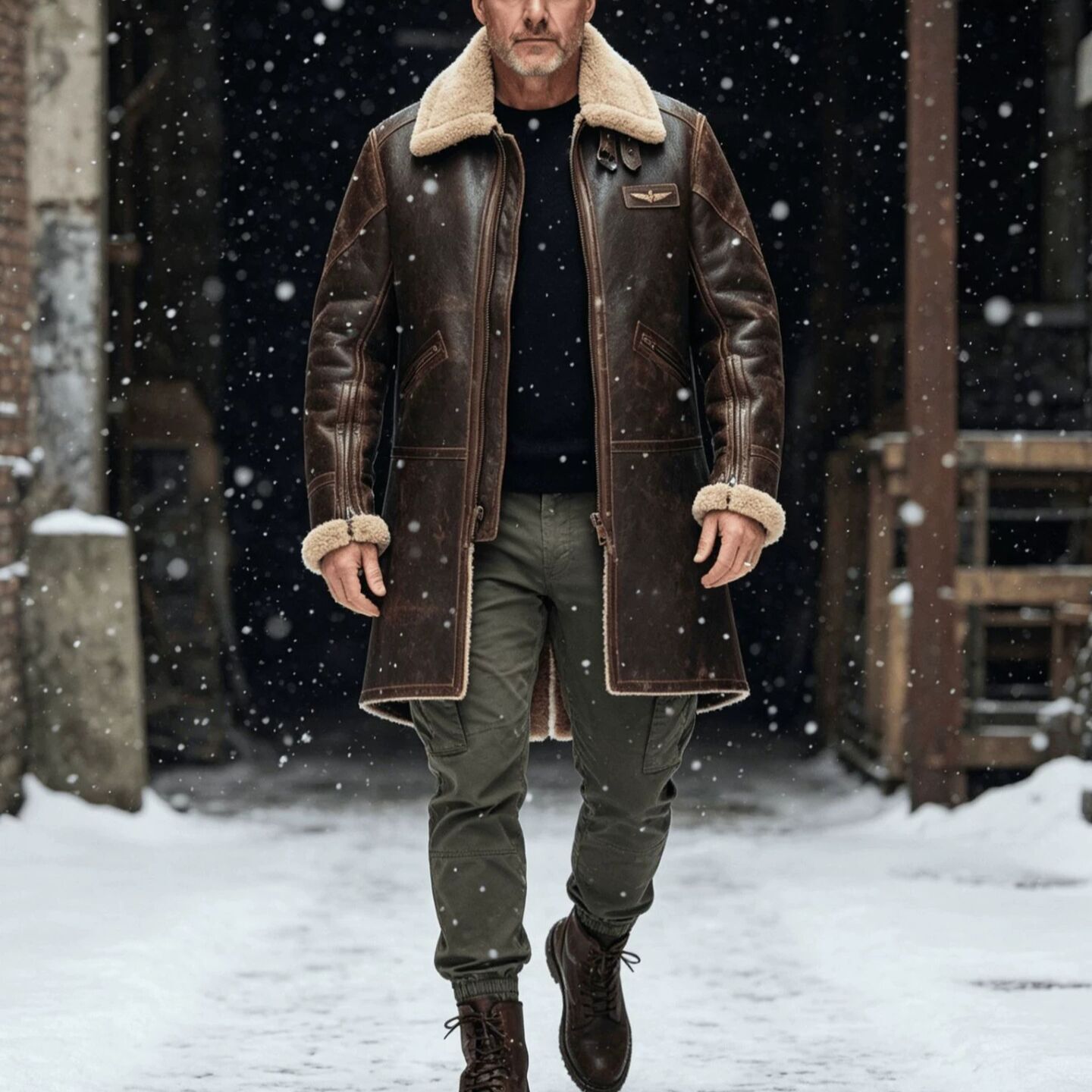Men Fashion European American men's faux fur-lined 2026 mid-length pique jacket, winter cold-resistant and windproof retro shearling coat
