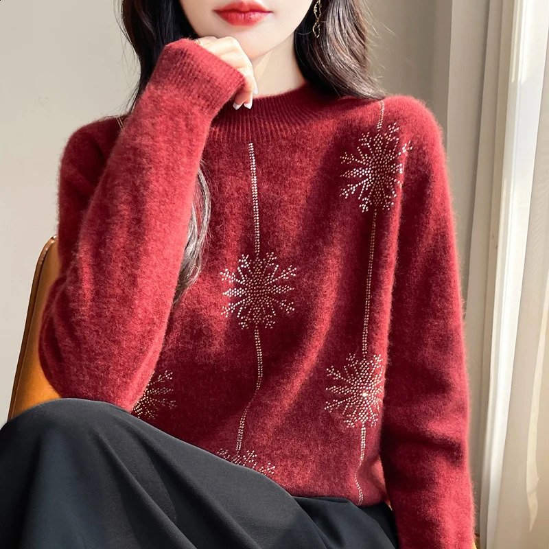 Women Sweater Christmas Style Mock Neck Long Sleeve Autumn Winter Thick Warm Pullovers Knitted Loose Bottoming Shirts Red Jumper 261014