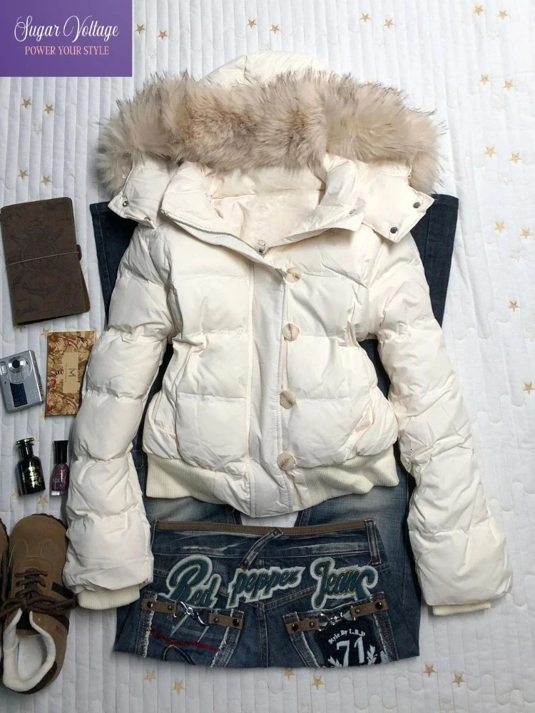 American Retro Vintage Fur Collar Hooded Cotton Coat Women Winter Loose Warm Casual Thick Jacket Fashion Street Style Cozy 261019