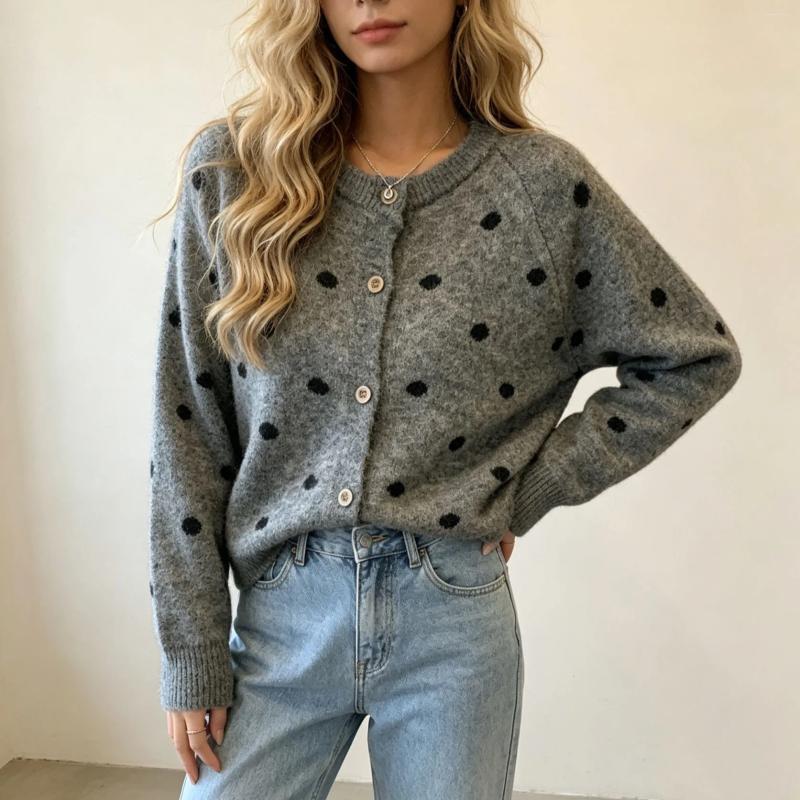 Polka Dot Round Neck Knitted Cardigan Women Korean Loose Fit Casual Sweater Coat Woman Autumn Winter Warm 2026