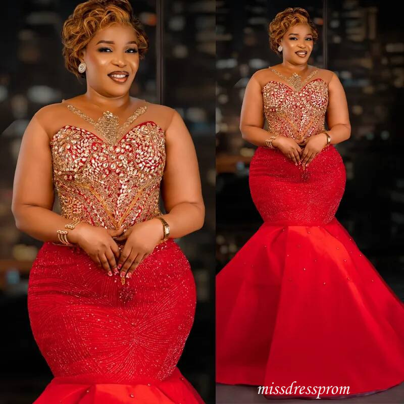 Plus Size Red Prom Dress Mermaid Evening Dresses Formal Gowns Flora Illusion Beaded Lace Crystals Birthday Second Reception Gown Am3819