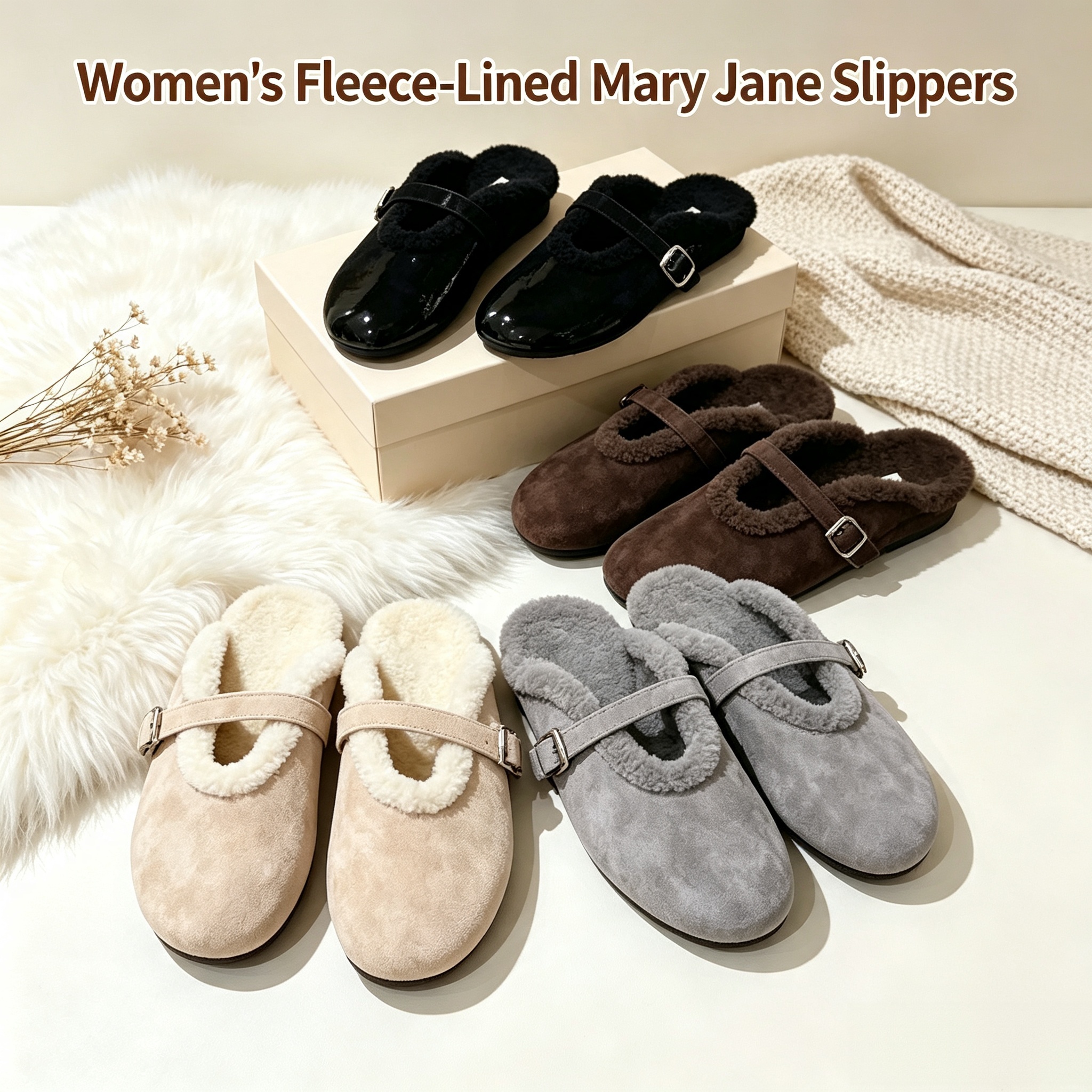 Designer Shoes Round Toe Fuzzy Mary Jane Pumps Fleece Lined Two Styles Open Heel Mules or Closed Toe Shoes Comfortable Flat Shoes Winter Shoes Women