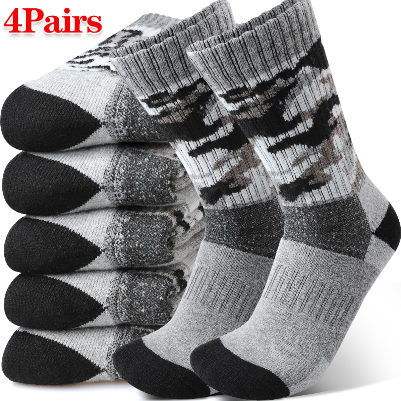 4Pairs Thick Gray Camouflage Socks Mens Winter Autumn Elastic Wool Mid Tube Sports Soft Thermal Crew Outdoor Hiking 261019