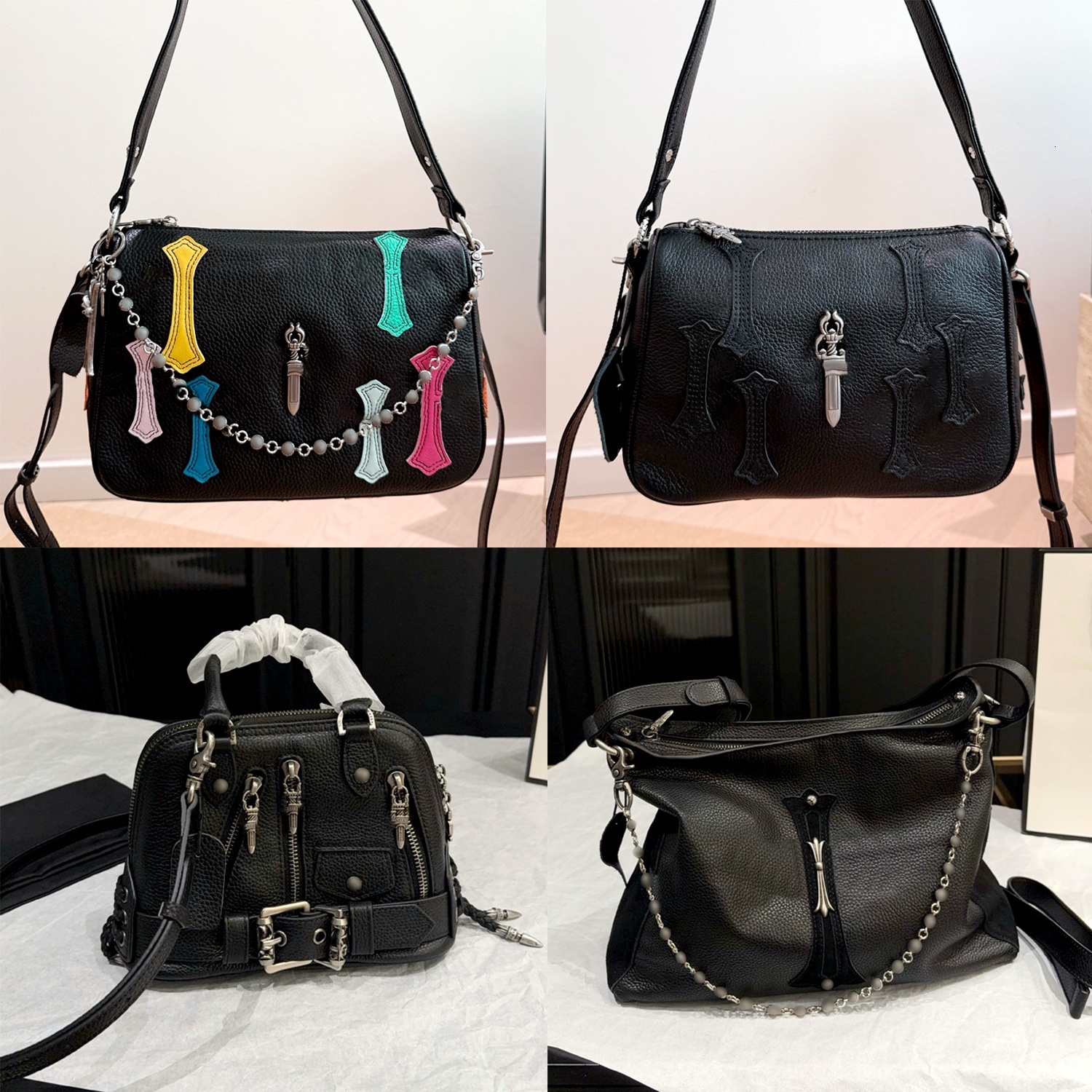 chrome bag Mens Gothic Cross Hobo Shoulder bags small Silver logo Genuine Leather tote Designer Handbag travel Waist Punk Womens satchel camera luxu