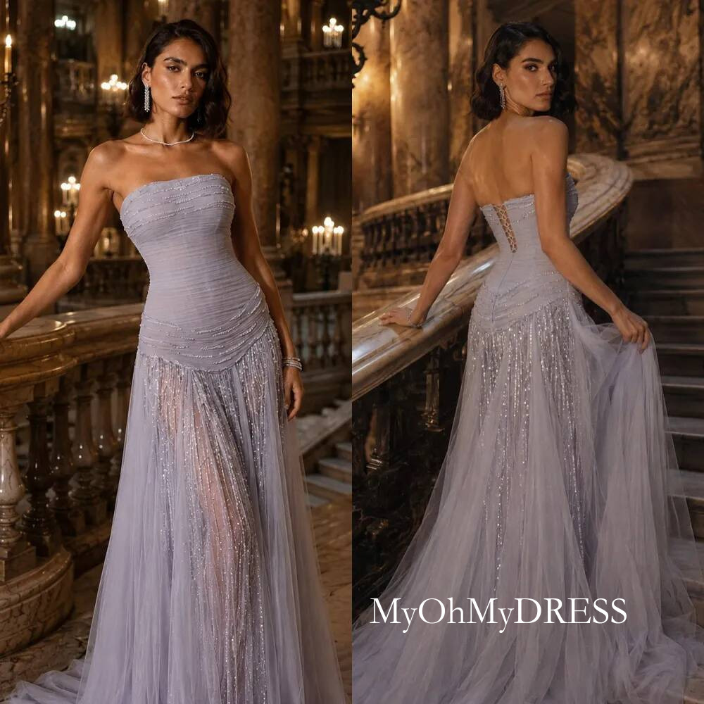 Gorgeous Strapless Prom Dresses Sequins Beading Sweep Train Sheath Evening Gowns Women Formal Party Gala Dress Customized Y016