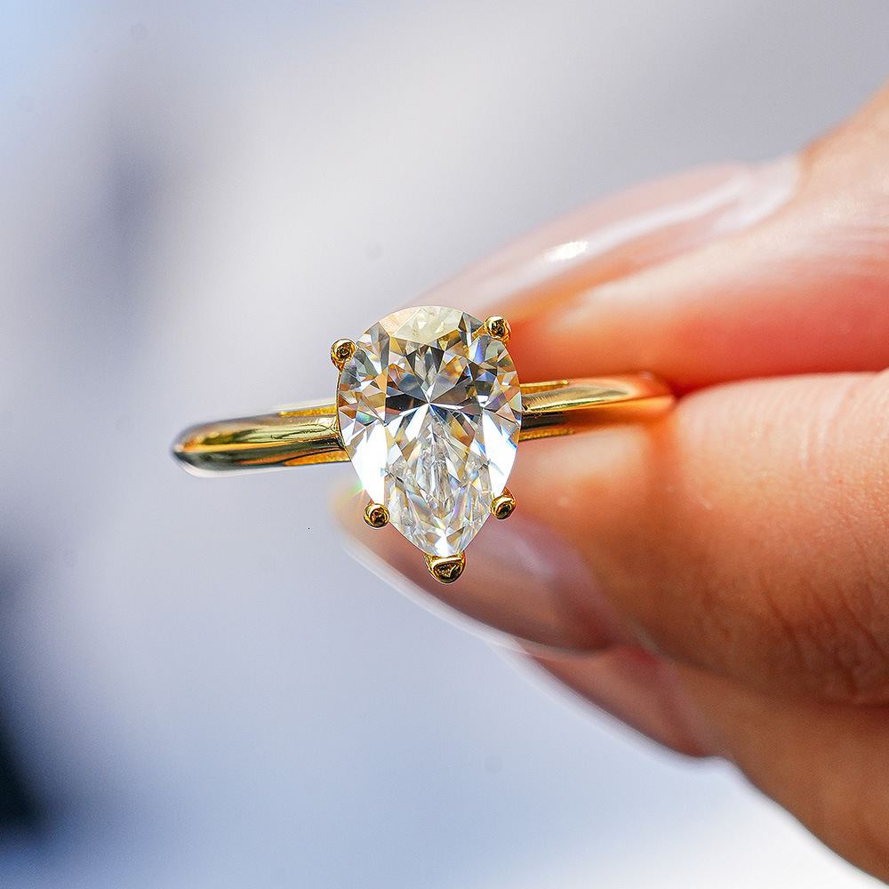 Pear Cut Moissanite Solitaire Ring 925 Sterling Silver Gold Vermeil 4-Prong Classic Engagement Ring for Women