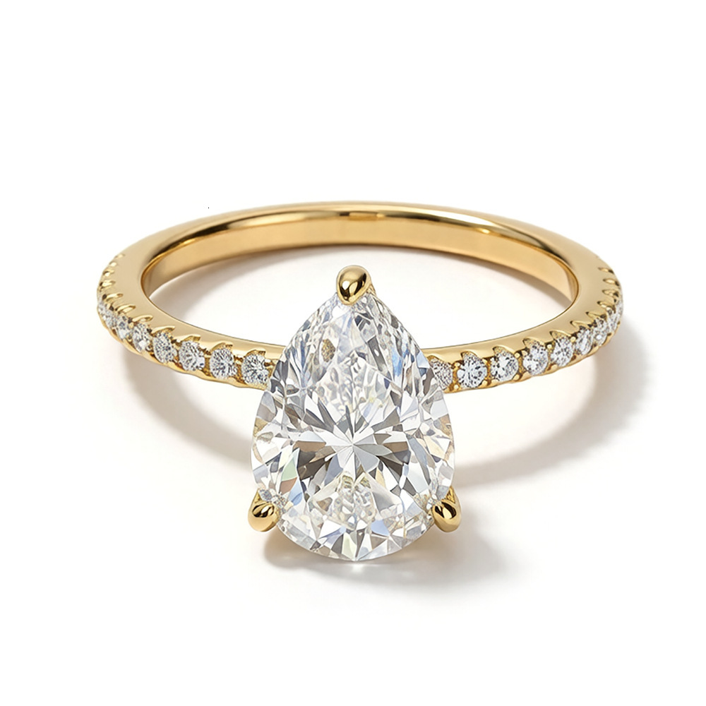 2CT D Color Pear Cut Luxury Moissanite Prong Setting Ring 925 Sterling Silver 18K Gold Plated Engagement Jewelry