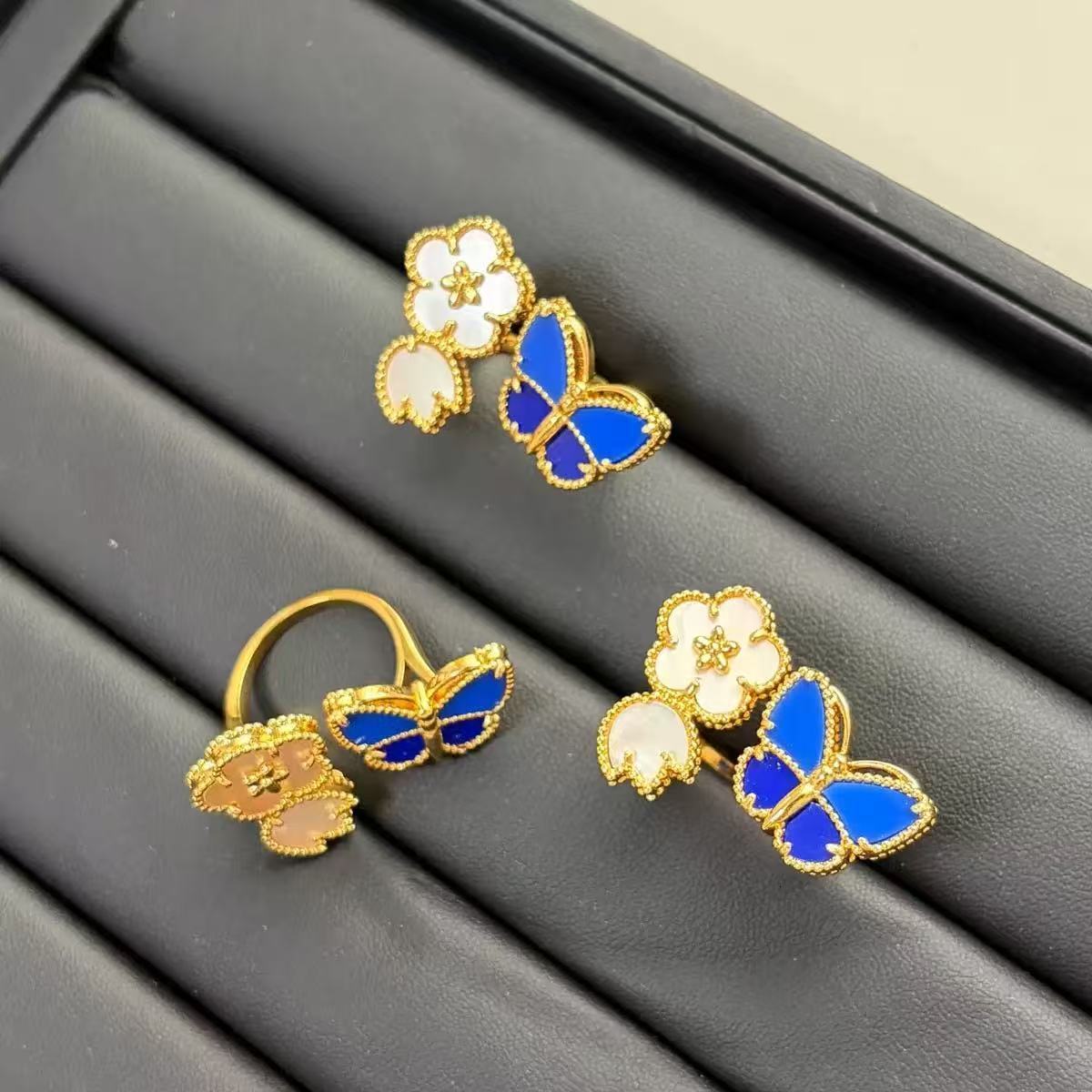 Designer Jewelry vanly cliff rings V Gold-Plated Blue Butterfly Ring Limited Chain Women