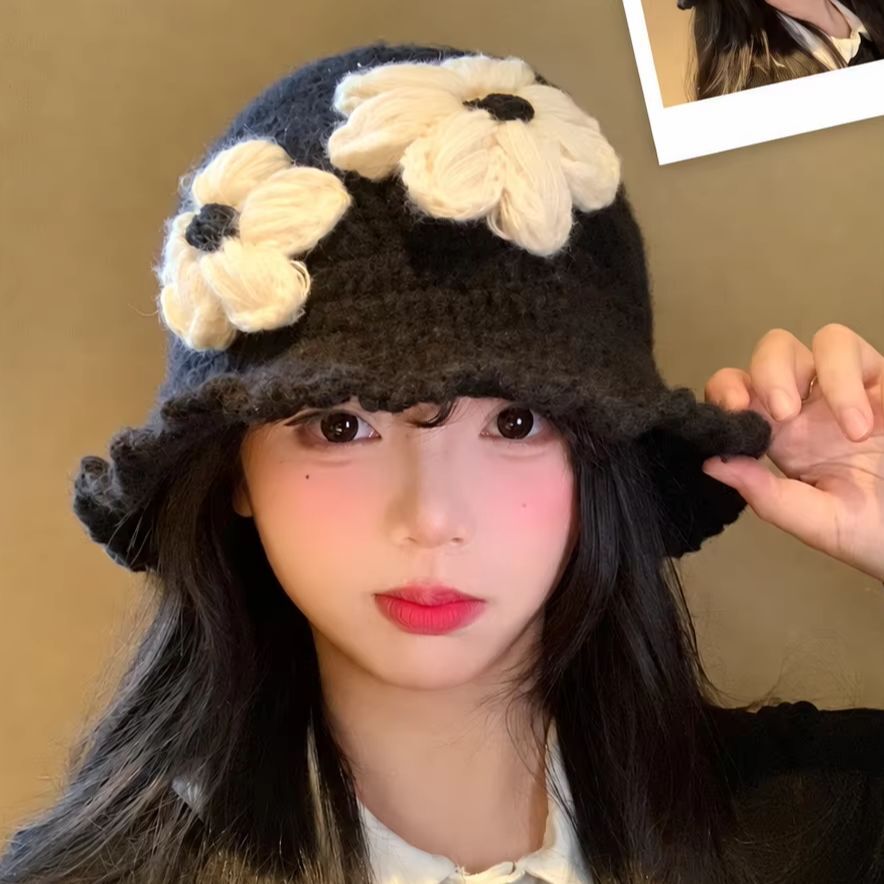 Autumn Winter Slimming Bucket Warm Knitted Hat Large Head Circumference Floral Knit Fisherman's Women Soft Versatile Simple J260511