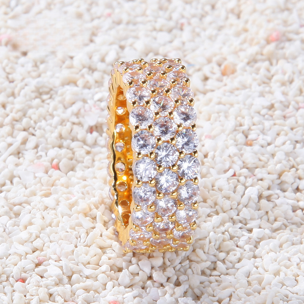 Luxury Iced European American Hip-Hop Men and Women Inlaid Diamond 3-Row moissanite Out D VVS Diamond BlingBling Copper Material Fashion Trend Ring