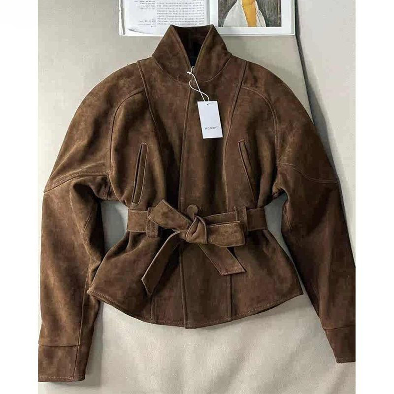 T8y Melard Brown Suede Short Jacket With Cinched Waist, Korean Style, Uniquely Stylish, High-End, Exudes A Sophisticated, Mature Vibe, And Is Windpr