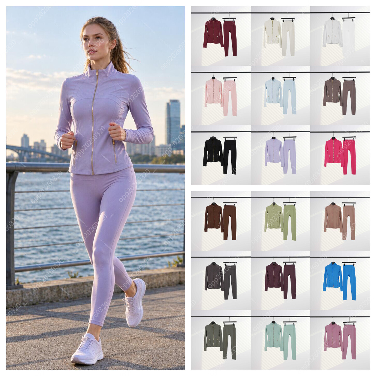 Gold Zipper LD Stand Collar Yoga Jacket Set, Women's Cropped Leggings 2 Piece Tracksuit, Slim Fit Athletic Wear for Gym Workout Spring Fall