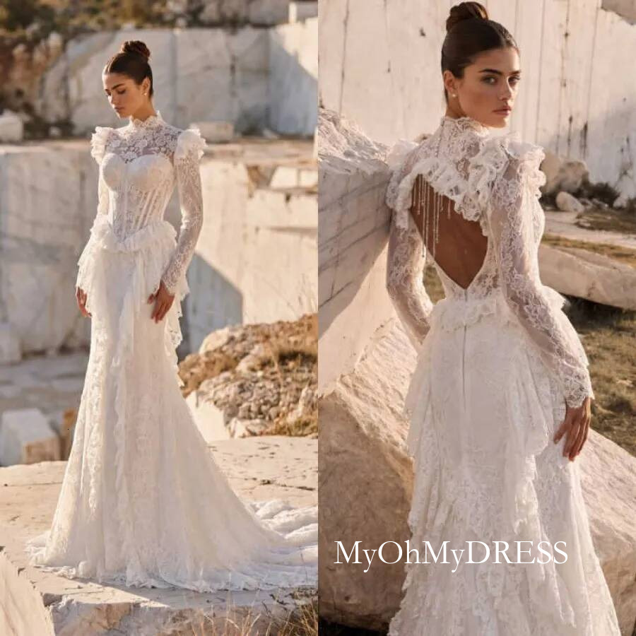 Customized Mermaid Wedding Dresses Sexy Backless Beach Boho Lace Appliques Beaded Bridal Gowns Formal Bride Dress Y016