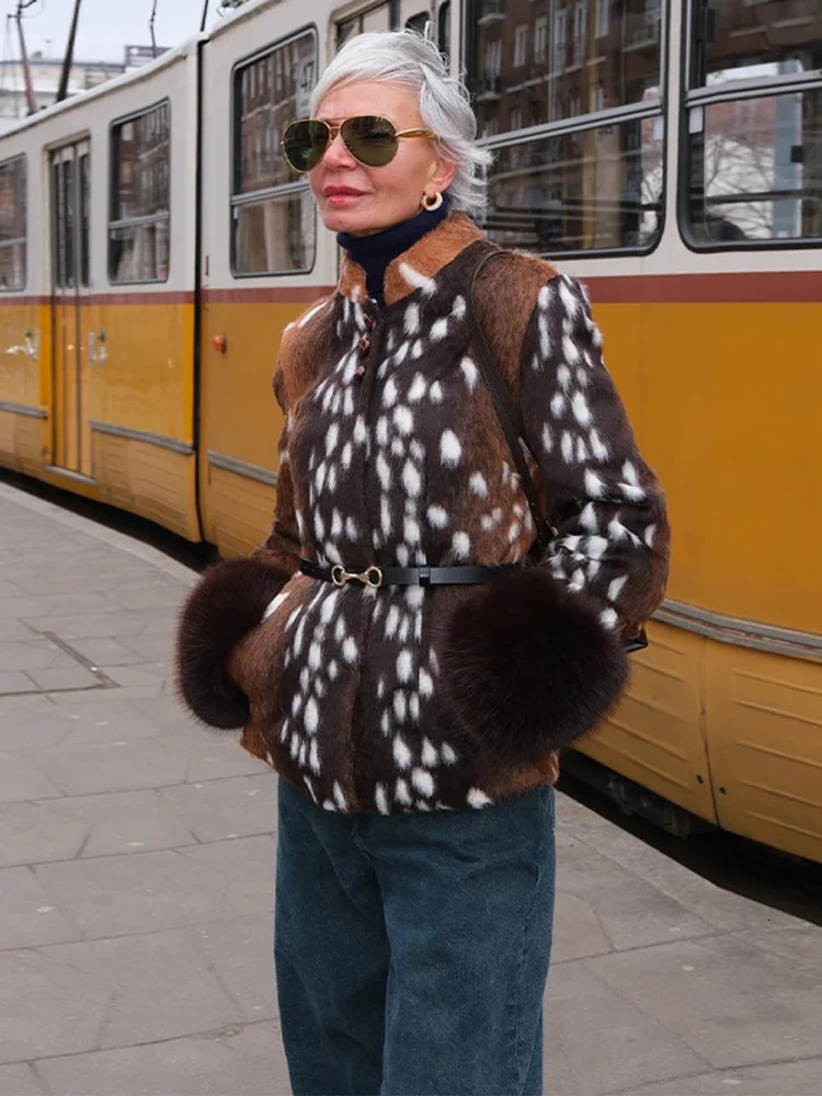 Vintage Womens Spotted Printed Jacket Stand Collar Full Sleeve Fur Cuff Button Slim Coat 2026 Autumn Winter Lady Streetwear 261019