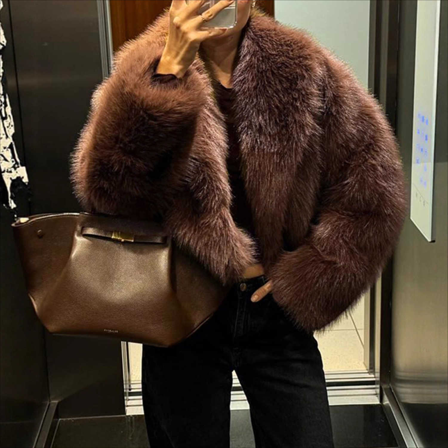 Fur Women Coats Solid Short Jackets Big Turn Down Collar Long Open Straight Casual 2025 Autumn Winter S261016D083