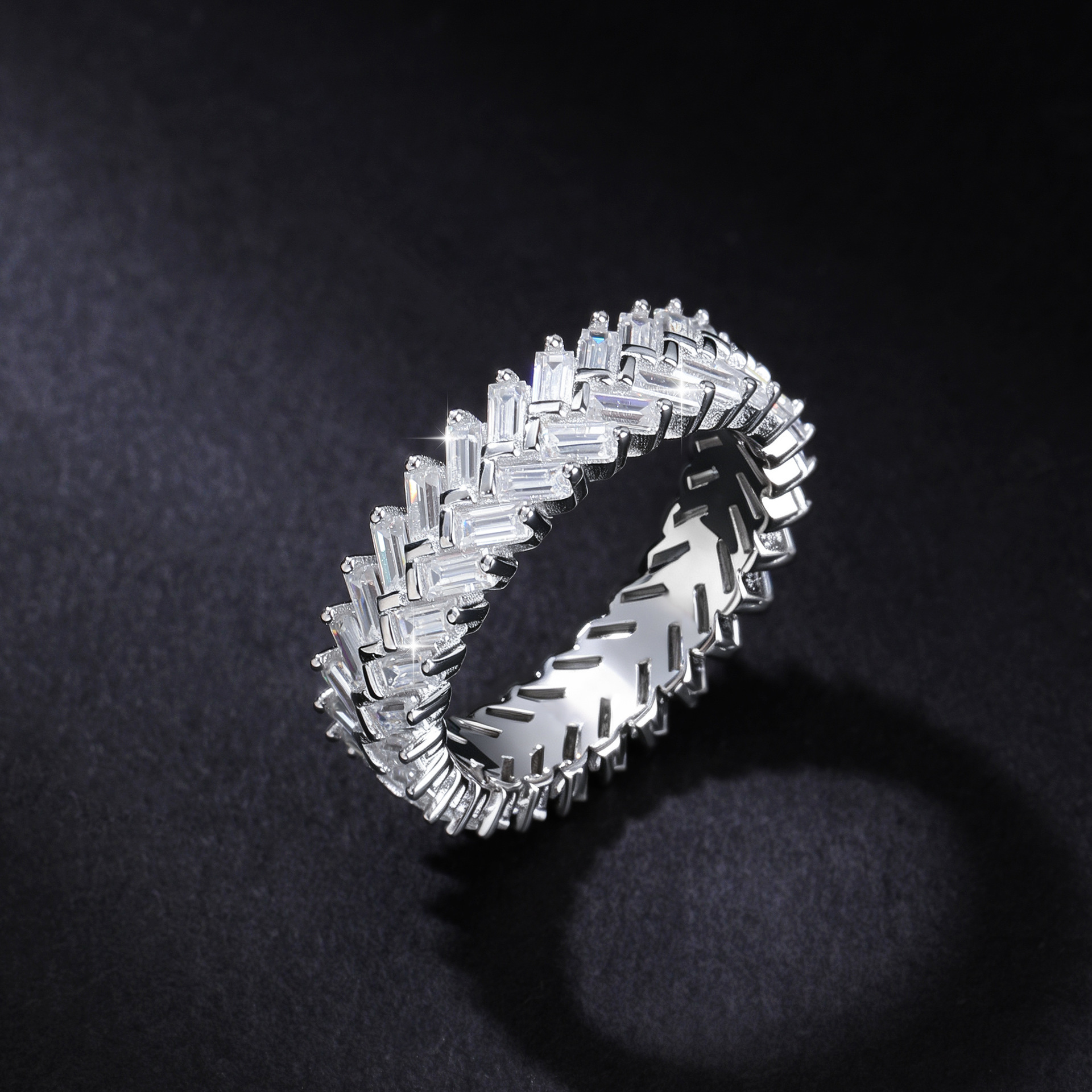 Qina 925 Silver Three Rows Vvs Moissanite Engagement Eternity Ring Band Iced Out Wedding Rings