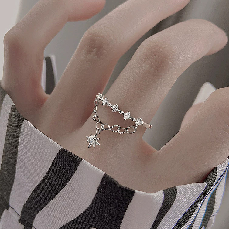 Luxury Brand Designer Jewelry Sparkling Diamond Meteor Double-Layer Chain Ring, Delicate Adjustable Open Ring With Unique Design, Perfect For A Chic