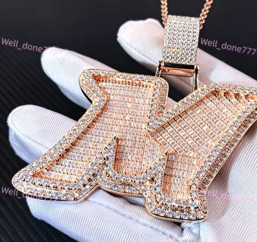 Custom Iced Out Rose Gold Letter 925 Silver Baguette Initial VVS Moissanite Diamond Pendant Link Chain Hip Hop Fine Jewelry pol