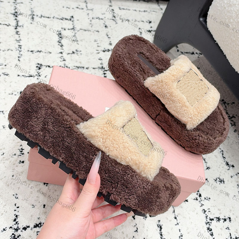 Women Platform Heels Slippers Designer Wool Slip On Slides Vintage Black Brown Cream Outdoor Leisure Shoes With Dust Bags Mules Lady Luxury Casual S