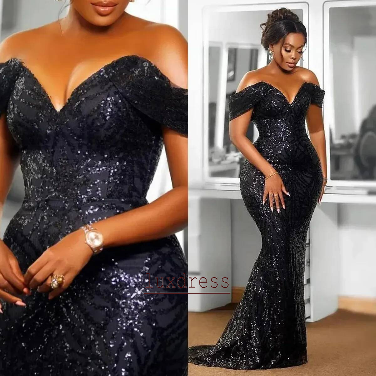 Sequins Mermaid Prom Dresses For African Women Off The Shoulder Shine Evening Dress Girls Birthday Gowns Size Customized vestido de novia