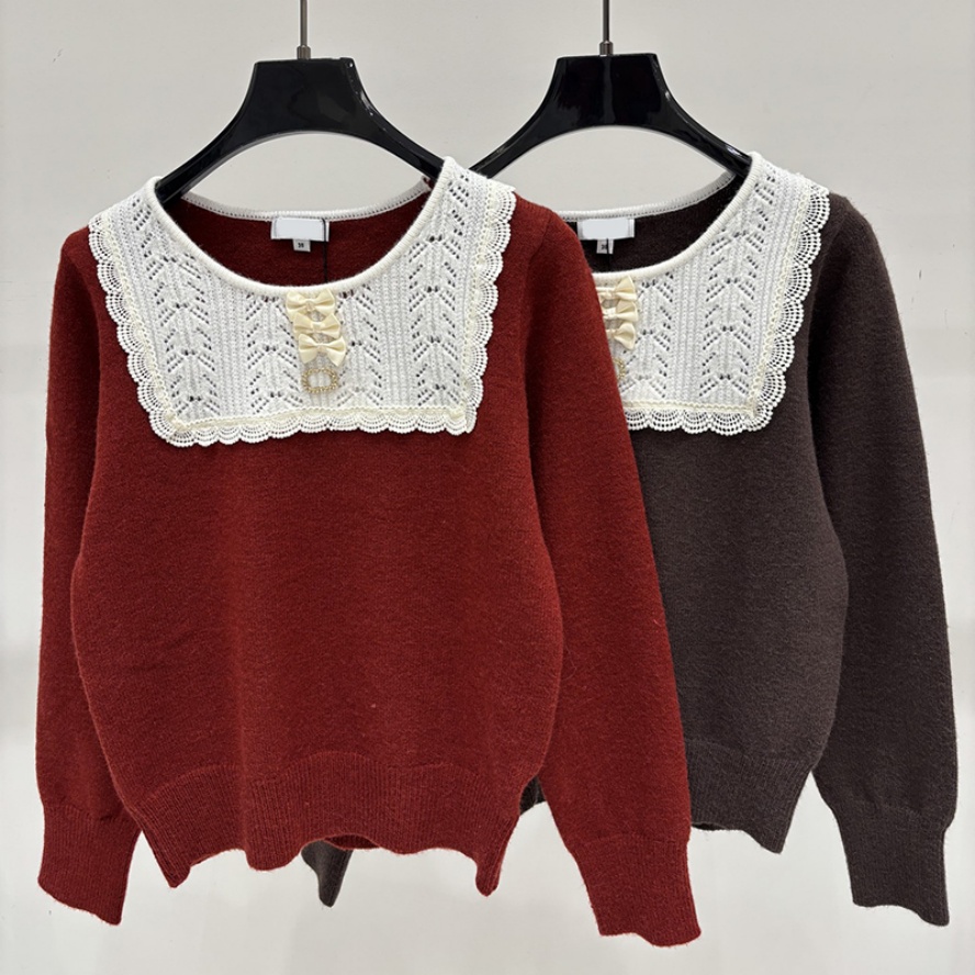 Women Xmas Red Knit Sweater Classic Lace Jacquard Bow Youthful Pullover Sweater Fall Winter Festival Date Outfits Sweater