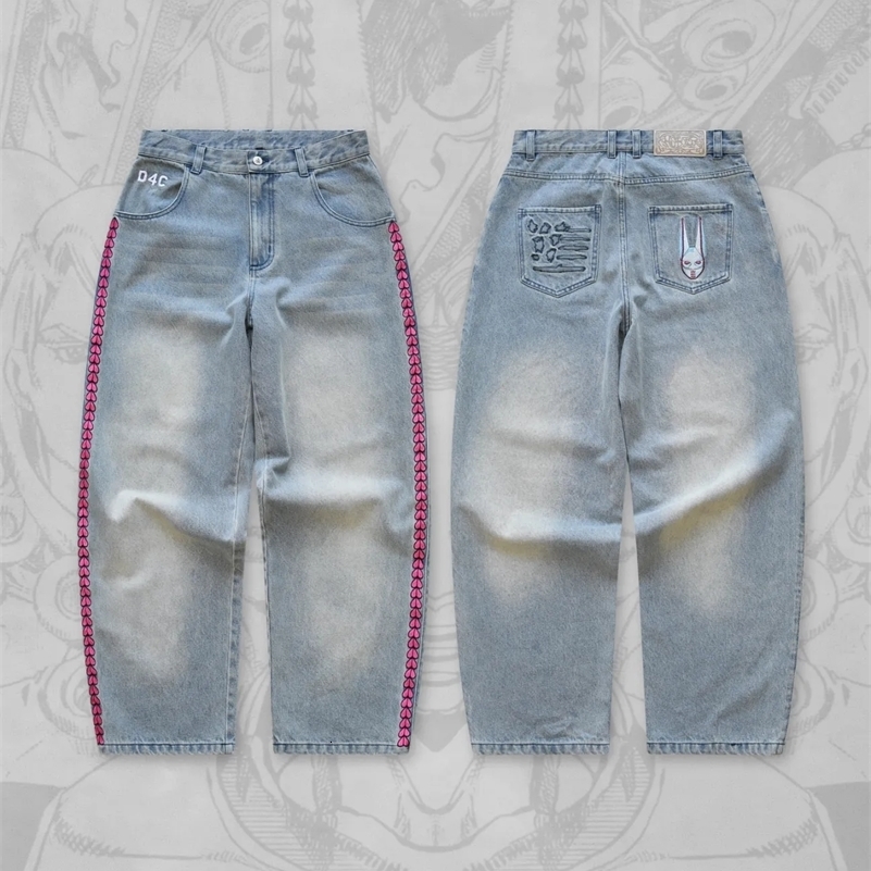 Y2K Men D4C High Waist Baggy Jeans Women Pink Heart Side Embroidery Loose Fit Washed Denim Pants Streetwear Wide Leg Pants260930ww