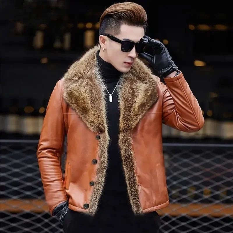 Male Raccoon Fur Collar Long One Leather Men's Jacket Large Warm Plus Size 5XL Winter Sheep Coat Men y260929