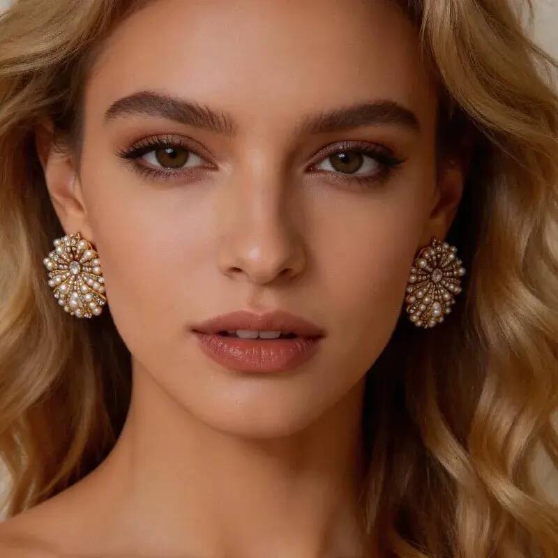 Mini Flat Stud Earring French Retro cubic zirconia Light Luxury Pearl Sparkling Diamond Embellished Fireworks Shaped Fashionable And High End Banque