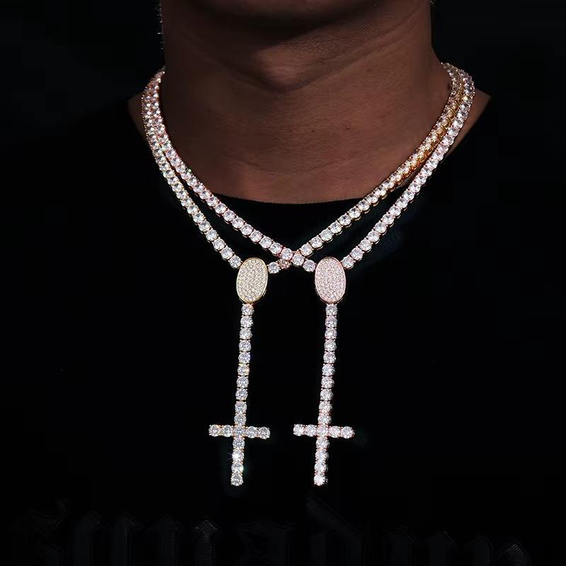 Punk Style Gold Plated 925 Sterling Silver Floral Cross Pendant 5mm Moissanite Chain Neckpiece Fashion Trend Outfit Enhancer