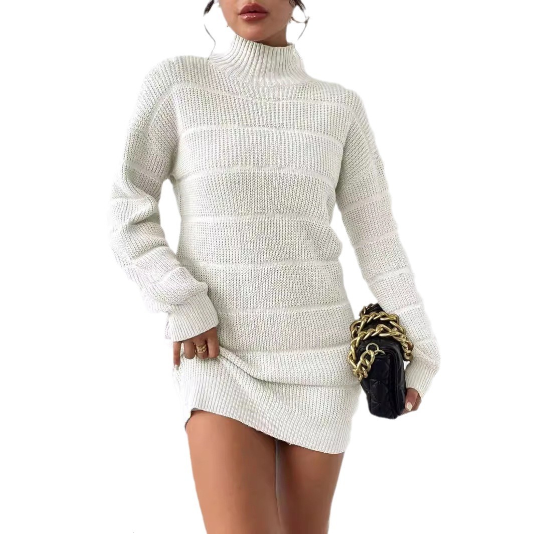 European And American Autumn Winter Half Turtleneck Knitted Sweater Fashion Solid Color Versatile Sexy Bodycon Dress Foreign Trade Women's Clot