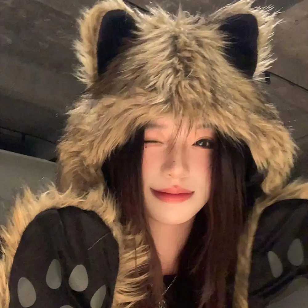 Beanie/Skull Caps Cute Women Winter Hat Windproof Thick Warm Pullover Snood Hat Ear Protection Collar Bonnet Bear Cap Autumn Winter Q261017