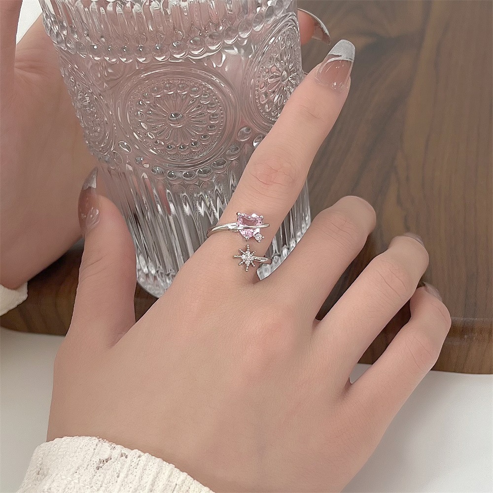 niche design pink zircon heart-shaped open ring, Korean-style, minimalist, chic, and trendy women's ring