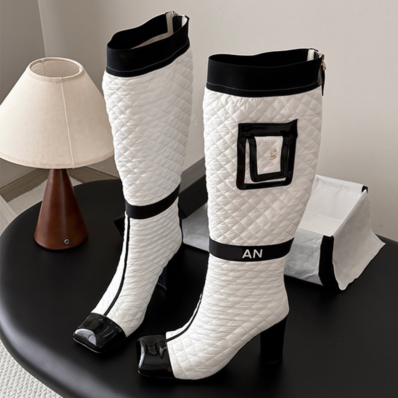 Diamond Grid Womens Knee High Boots Stitching Square Toe Thick Heel Contrasting Color Toe Back Zipper Womens Autumn Winter Formal Boots