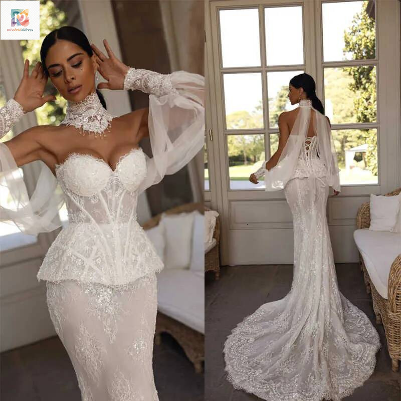 Customized Beach Wedding Dresses Mermaid Illusion Lace Appliques Long Sleeve Bridal Gowns Formal Bride Dress Mb017