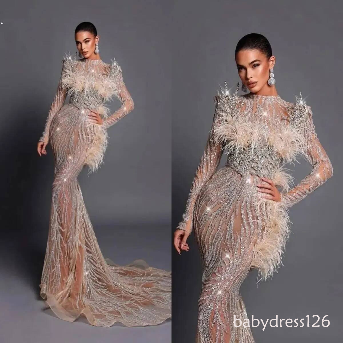 Luxury Feather Wedding Dresses Sequins Crystal Bridal Gowns See Through Long Sleeves Mermaid Rhinestone Customized Bride Vestidos De Novia Plus Size